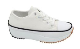 12 Wholesale Womens Low Top Wedge Canvas Lace Up Sneakers In White
