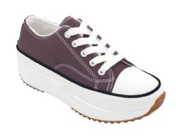 12 Wholesale Womens Low Top Wedge Canvas Lace Up Sneakers In Purple