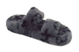 12 Wholesale Women's Fluffy Faux Fur Slippers Comfy Open Toe Two Band Slides In Black