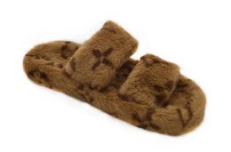 12 pairs Women's Fluffy Faux Fur Slippers Comfy Open Toe Two Band Slides In Tan - Women's Slippers