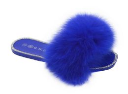 12 Wholesale Women's Fur Slides Slippers For Women Open Toe Furry Fluffy Slides Slippers In Royal Blue
