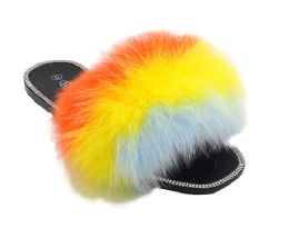 12 Wholesale Women's Fur Slides Slippers For Women Open Toe Furry Fluffy Slides Slippers In Orange Multi Color