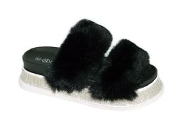 12 Wholesale Women's Fluffy Faux Fur Slippers Comfy Open Toe Two Band Slides In Black