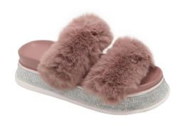 12 Wholesale Women's Fluffy Faux Fur Slippers Comfy Open Toe Two Band Slides In Blush