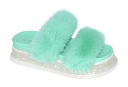 12 Wholesale Women's Fluffy Faux Fur Slippers Comfy Open Toe Two Band Slides In Mint