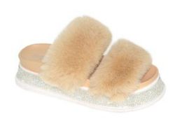 12 Wholesale Women's Fluffy Faux Fur Slippers Comfy Open Toe Two Band Slides In Beige