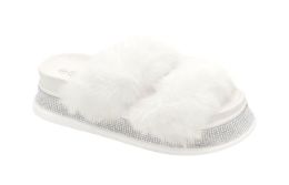 12 Wholesale Women's Fluffy Faux Fur Slippers Comfy Open Toe Two Band Slides In White