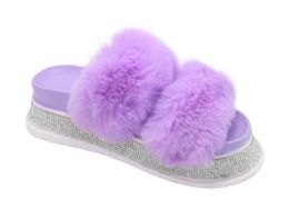 12 Wholesale Women's Fluffy Faux Fur Slippers Comfy Open Toe Two Band Slides In Purple