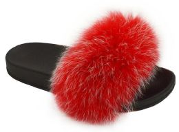 12 Wholesale Womens Sliders Plush House Slippers Flat Sandals Fuzzy Open Toe Slippers In Red And White