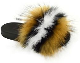 12 Wholesale Womens Sliders Plush House Slippers Flat Sandals Fuzzy Open Toe Slippers In Brown Multi Color