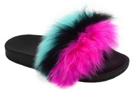 12 Wholesale Womens Sliders Plush House Slippers Flat Sandals Fuzzy Open Toe Slippers In Black Multi Color
