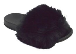 12 Wholesale Women's Fuzzy Faux Fur Cozy Flat Spa Slide Slippers Comfy Open Toe Slip On House Shoes In Black
