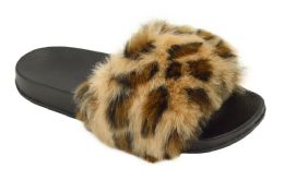 12 Wholesale Women's Fuzzy Faux Fur Cozy Flat Spa Slide Slippers Comfy Open Toe Slip On House Shoes In Leopard