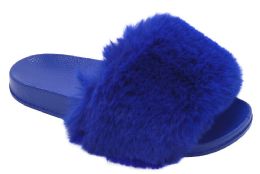 12 Wholesale Women's Fuzzy Faux Fur Cozy Flat Spa Slide Slippers Comfy Open Toe Slip On House Shoes In Royal Blue