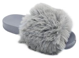 12 Wholesale Women's Fuzzy Faux Fur Cozy Flat Spa Slide Slippers Comfy Open Toe Slip On House Shoes In Grey