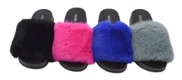 48 Wholesale Women's Fuzzy Faux Fur Cozy Flat Spa Slide Slippers Comfy Open Toe Slip On House Shoes In Assorted Color