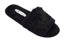12 Wholesale Womens Fuzzy Slide Sandal Shoes Fluffy Faux Fur In Black