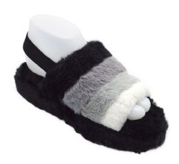 12 Wholesale Women's Fluff Slide Slipper With Elastic Band Open Toe Slippers In Black Multi Colored