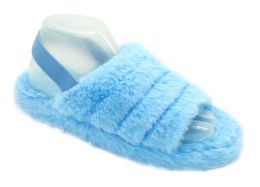 12 Wholesale Women's Fluff Slide Slipper With Elastic Band Open Toe Slippers In Blue