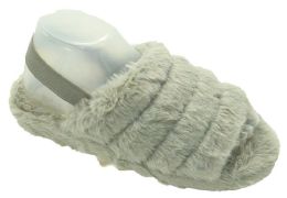 12 Wholesale Women's Fluff Slide Slipper With Elastic Band Open Toe Slippers In Grey