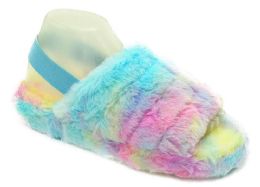 12 Wholesale Women's Fluff Slide Slipper With Elastic Band Open Toe Slippers In Blue Multi Colored
