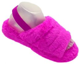 12 Wholesale Women's Fluff Slide Slipper With Elastic Band Open Toe Slippers In Fuschia