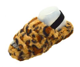 12 Wholesale Women's Fluff Slide Slipper With Elastic Band Open Toe Slippers In Leopard Print