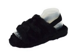 12 Wholesale Women's Fluff Slide Slipper With Elastic Band Open Toe Slippers In Black