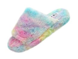 12 Wholesale Women's Plush Faux Fur Fuzzy Slide On Open Toe Slipper In Blue Multi Color