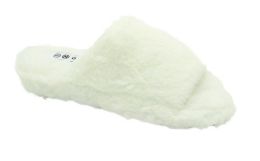 12 Wholesale Women's Plush Faux Fur Fuzzy Slide On Open Toe Slipper In White