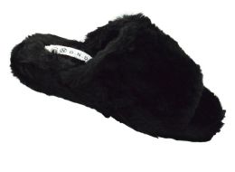 12 Pairs Women's Plush Faux Fur Fuzzy Slide On Open Toe Slipper In Black - Women's Slippers