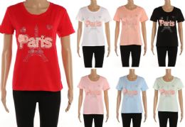 48 Pieces Womens Short Sleeve Crewneck Shirts Loose Casual Tee Printed Paris - Womens Fashion Tops