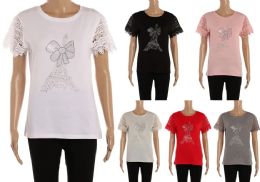 48 Wholesale Womens Short Sleeve Crewneck Shirts Loose Casual Tee Printed Paris