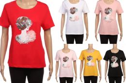 48 Wholesale Womens Short Sleeve Crewneck Shirts Loose Casual Tee Printed Fancy Lady