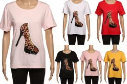 48 Wholesale Womens Short Sleeve Crewneck Shirts Loose Casual Tee Printed Shoe