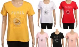 48 Wholesale Womens Short Sleeve Crewneck Shirts Loose Casual Tee Paris