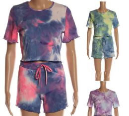 48 Pieces Womens Tie Dye Printed Short Sleeve Tops And Shorts Set - Womens Rompers & Outfit Sets
