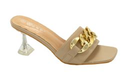 12 Wholesale Womens Low Kitten Heel Mules Gold Chain Open Peep Toe Slip On Sandals Fashion Mid Heel