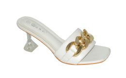 12 Wholesale Womens Low Kitten Heel Mules Gold Chain Open Peep Toe Slip On Sandals Fashion Mid Heel