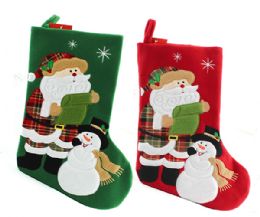72 Bulk 18 Inch Christmas Stocking Red And Green Fleece With Santa And Snowman