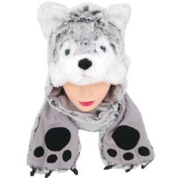 10 Wholesale Soft Plush Wolf Animal Character Built In Black Paws Mittens Hat
