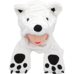10 Bulk Soft Plush Polar Bear Animal Character Built In Paws Mittens Hat