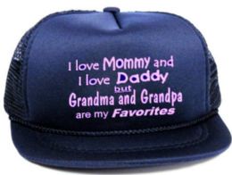 24 Wholesale Hats Unisex Infant Mesh Back Printed Hat, "i Love Mommy And I Love Daddy But Grandma And Grandpa Are My Favorites", Assorted Colors