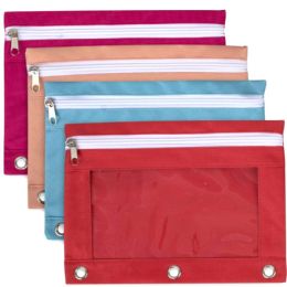 96 Wholesale 3 Ring Reinforced Zip Up Pencil Pouch With Translucent Window Neon Colors