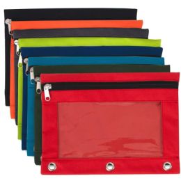 96 Wholesale 3 Ring Reinforced Zip Up Pencil Pouch With Translucent Window Assorted Colors