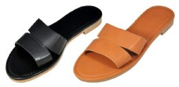 36 Wholesale Women's Faux Leather Slide Sandals With Mini Wedge And Soft Footbed