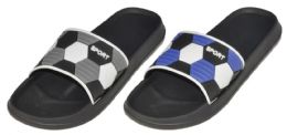 36 Wholesale Men's Barbados Sport Slide Sandals With Embroidered Soccer Ball Pattern