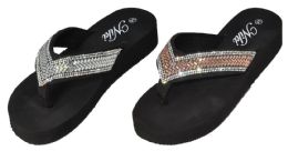 36 Wholesale Women's Wedge Gizeh Thong Sandals With Rhinestone Patterns And Diamond Embellishment