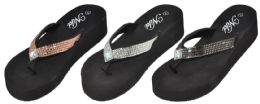 36 Pairs Women's Wedge Gizeh Thong Sandals With Diamond Center And Rhinestone Embellishment - Women's Flip Flops