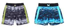 24 Wholesale Little Boy's Printed Swim Trunks With Two Tone Stripes Shark Print